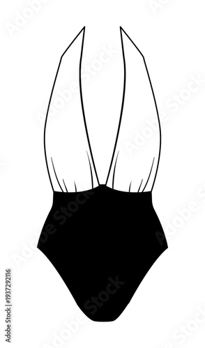Outline vector illustration of a women one piece swimsuit with deep plunge neckline. Flat swimwear fashion design isolated on white background.
