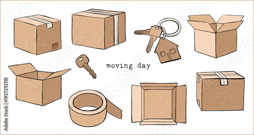 Moving Day vector set with hand drawn vector illustrations of open and closed boxes, keys and packing tape. Cute childish minimalistic doodle style for relocation, moving, shipping and storage designs