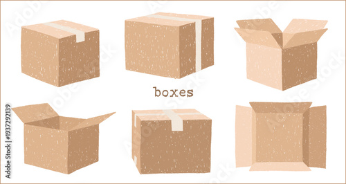Cardboard boxes vector set. Packing, moving, shipping closed and open parcels. Hand drawn minimalistic clipart isolated illustrations in soft pencil or crayon doodle texture on transparent background.