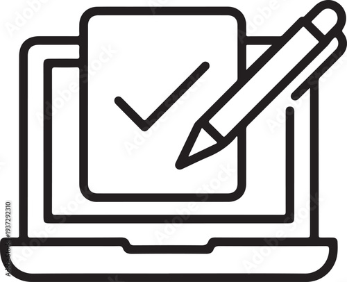 Laptop with Verified Document Icon, Online Form Approval and Digital Signature Vector Symbol