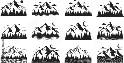 Mountain forest landscape icons, wilderness nature scene vector illustrations, pine tree and crescent moon shapes, outdoor adventure travel graphics