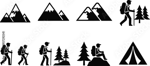 Mountain hiking adventure icons, camping tent silhouette, trekking traveler in forest, outdoor landscape symbols, wilderness peak exploration, nature travel badges, climbing equipment