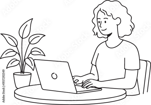 Woman with Curly Hair Typing on Laptop Icon, Freelance Workspace Vector Illustration