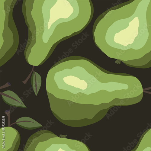 Seamless pattern with pear on color background. Natural delicious fresh ripe tasty fruit. Sweet pears with leaves. Food concept. Vector illustration for print, fabric, textile.