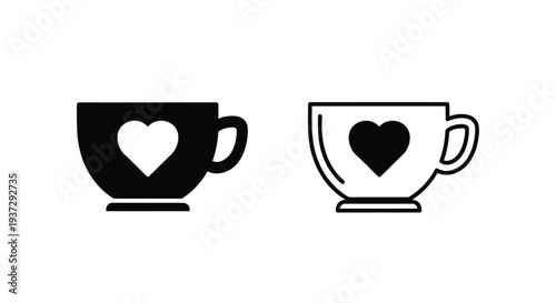 Black and white icons depicting a teacup with a heart shape inside