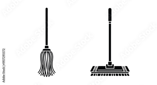 Simple black and white illustration of a broom and floor mop