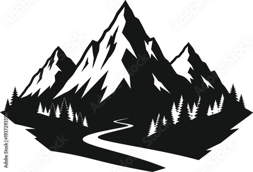 Mountain landscape silhouette icon, river and pine forest vector illustration, rocky peak nature scene, outdoor adventure travel element, minimalist alpine graphics
