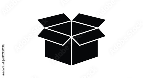 Simple black icon of an open cardboard box with angled flaps