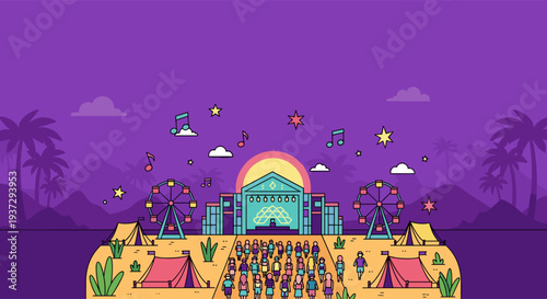 Desert Music Festival Stage with Crowd and Ferris Wheels Vector Illustration