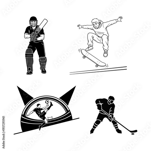 Cricket batsmen and fitness woman dumbbell icon set