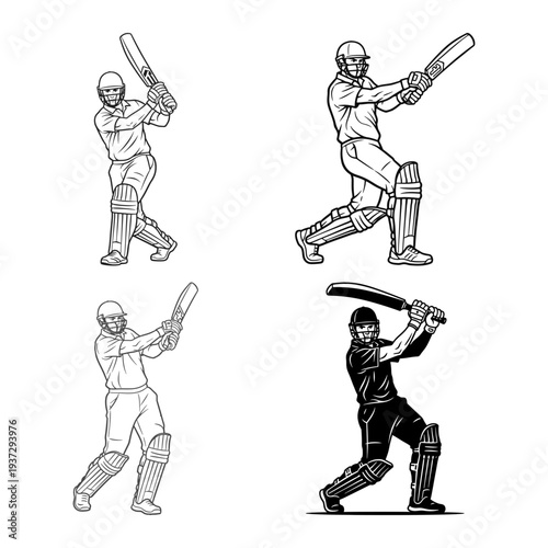 Cricket batsman batting poses outline icon set