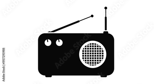 Simple black silhouette of a vintage transistor radio with antenna