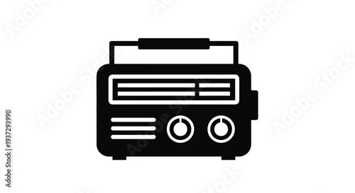 Simple black and white illustration of a vintage portable radio