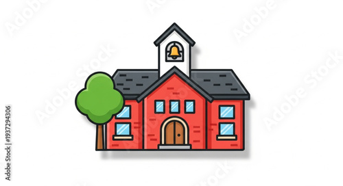 Colorful School Building with Tower and Trees.