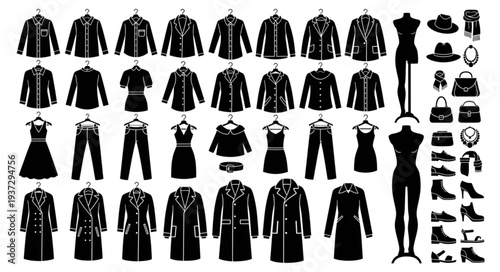 Collection of black clothing and accessories on white background.