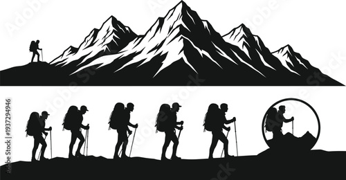 Mountain landscape silhouettes, hiking group with backpacks and trekking poles, outdoor adventure climbers expedition, nature wilderness exploration vector illustration
