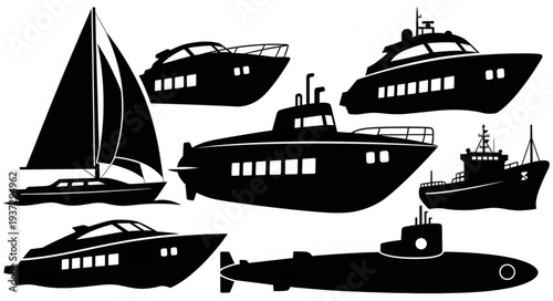 Collection of Silhouetted Marine Vessels and Boats.