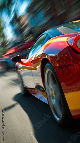 Red ferrari sports car driving rapidly on a street with dynamic motion blur