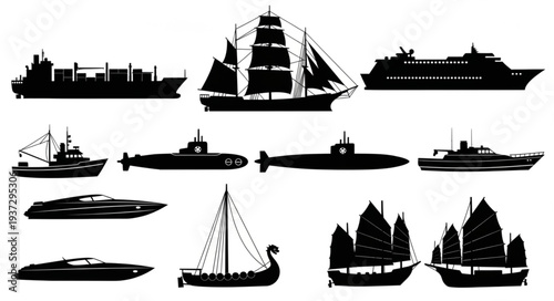 Collection of Diverse Ship Silhouettes on White Background.