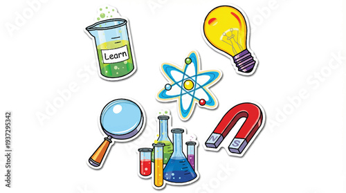 Bright science icons representing learning and discovery: beaker with 'Learn', atom model, magnet, lightbulb, magnifying glass, laboratory flasks