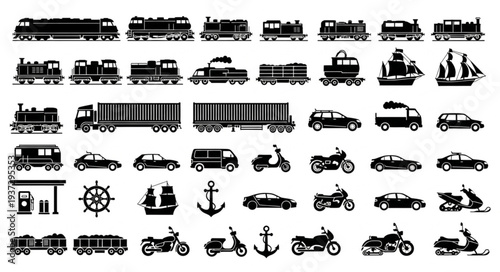 Collection of diverse transportation vehicle silhouettes.