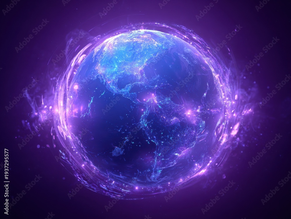 Obraz premium glowing cyan digital earth core isolated on a purple background