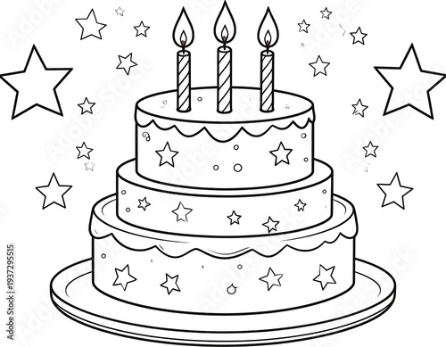 Three-layer cake with lit candles, surrounded by stars in a black and white illustration