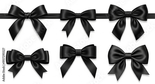 Collection of six elegant black satin bows isolated on white background.