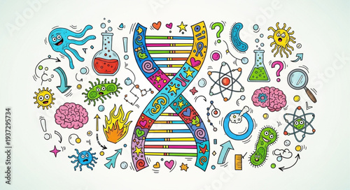 Colorful DNA Double Helix with Scientific Icons.