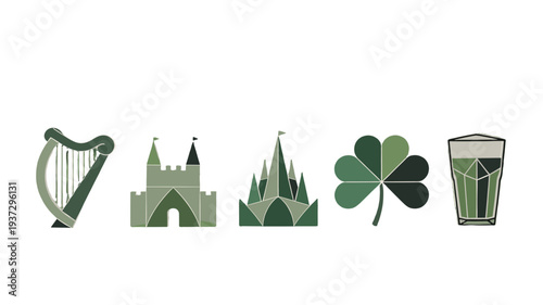 Ireland symbols set with harp, castle, shamrock and beer.