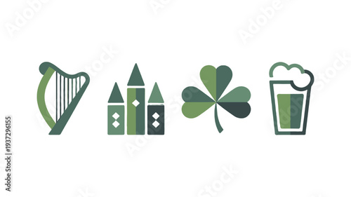 A collection of iconic Irish symbols illustrated with a vibrant color palette.