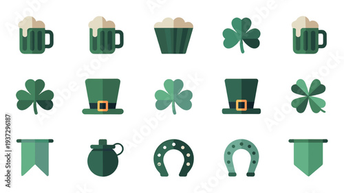 Festive St. Patrick's Day themed icons with beer mugs, shamrocks, hats, and horseshoes.
