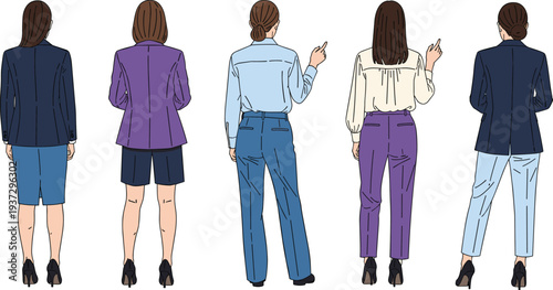 business women back view, professional female characters, office fashion style, standing women poses, corporate people set, vector illustration