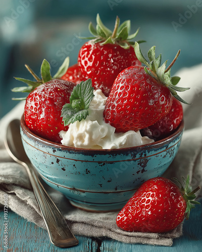 Fresh strawberries and cream on rustic table