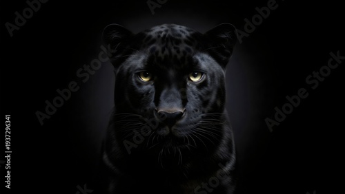 Majestic Black Panther Staring Intently with Piercing Yellow Eyes in the Darkness