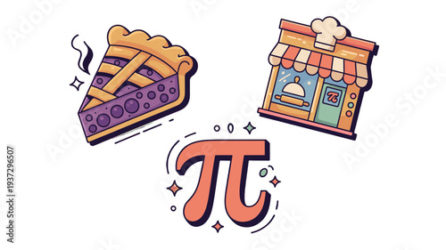 Delicious pie slice and a charming bakery with the mathematical symbol Pi in the center.