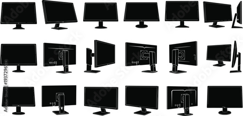 Computer monitor silhouettes collection, modern desktop display screens set, office technology equipment, flat panel monitor illustration bundle