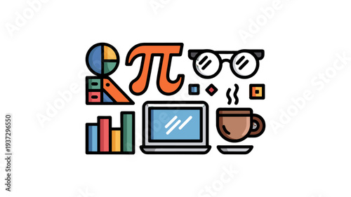 A mathematical themed collage featuring a pi symbol, charts, graphs, and a laptop.