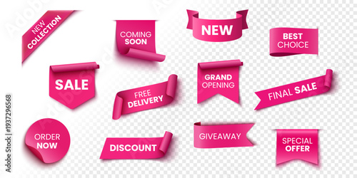 Best choice, order now, special offer sale banners. Pink ribbons, tags and stickers. Vector illustration.