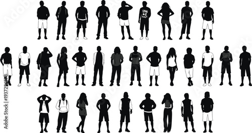 Diverse group of people silhouettes standing in rows, casual urban fashion character collection for community, teamwork, and social identity concepts