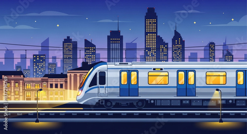 Modern Train Traveling Through Cityscape at Night.