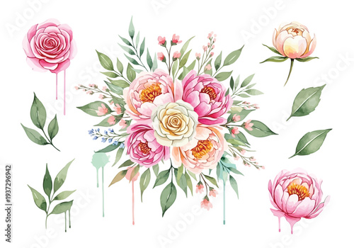 A collection of delicate pink peonies, roses, and various green leaves arranged beautifully for a romantic watercolor floral design.