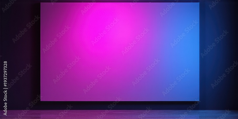 Fototapeta premium Blank screen glows with vibrant pink, blue hues. Dark room creates dramatic visual effect. Minimalist presentation focuses on color gradient.
