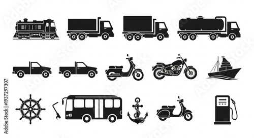 Collection of various transportation vehicle silhouettes.