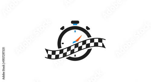 Stopwatch with checkered flag ribbon graphic design element.