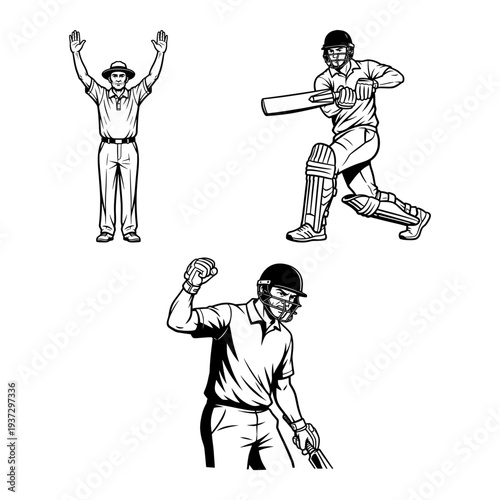 Cricket bats ball batsman bowler and stadium badge icon bundle