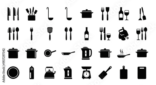 Collection of kitchen utensils and cookware icons.