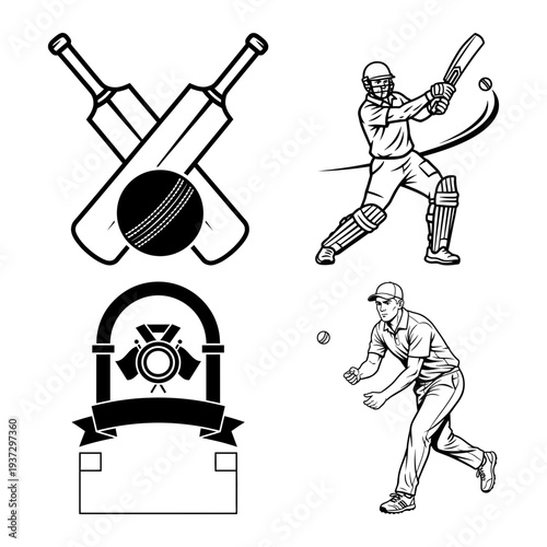 Cricket batsman dj and boxing champion silhouette icon bundle