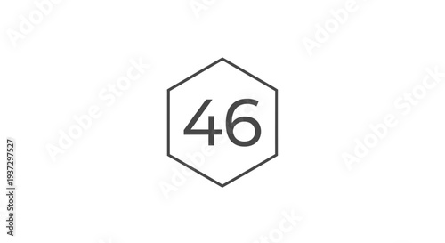 Simple black hexagon icon with number forty six inside on white background.