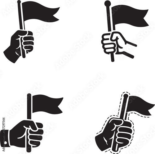 Hand holding flag icon set vector. Flag on hand symbols for website, computer, and mobile app UI design.